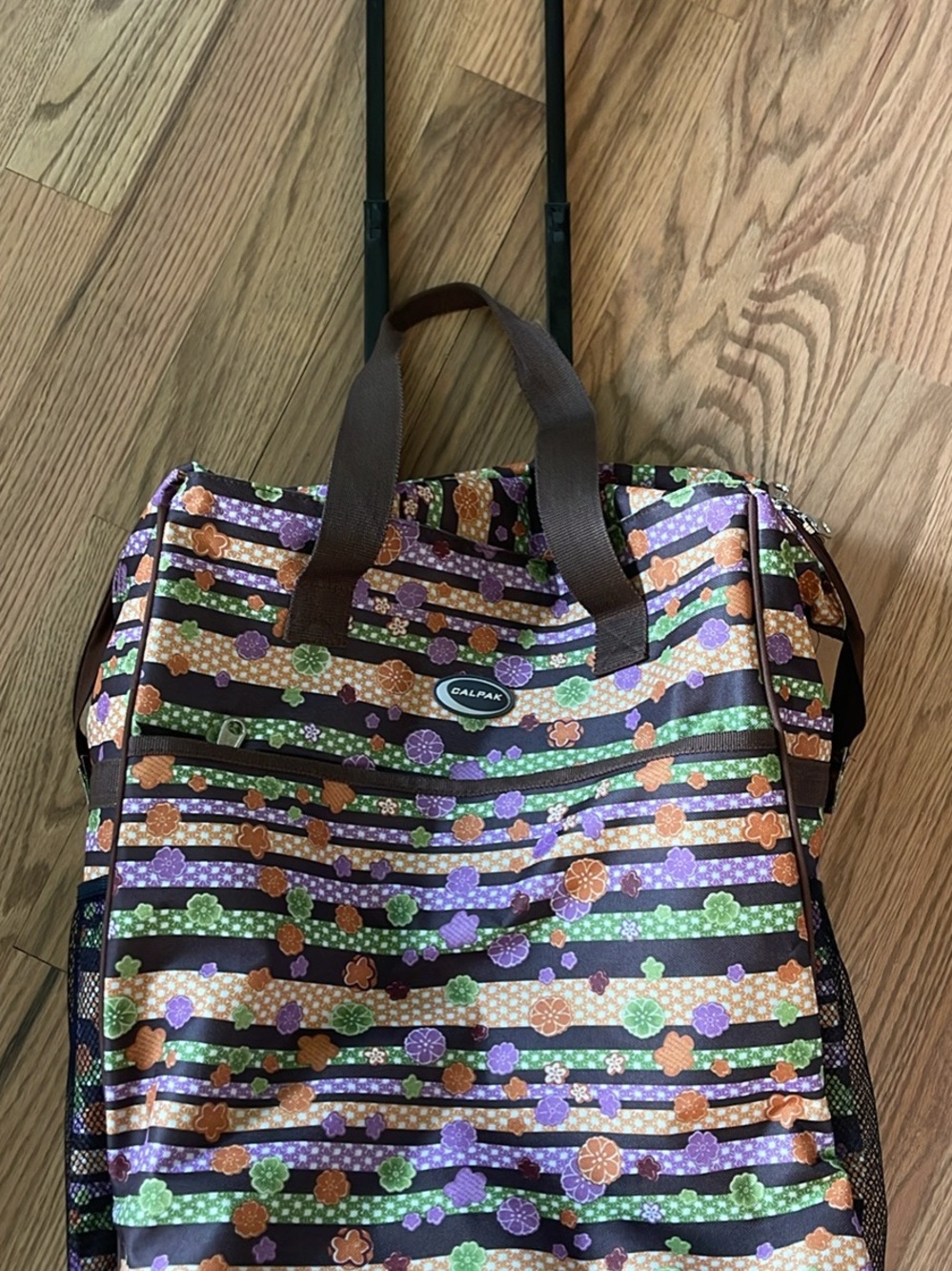 Calpak Floral Stripe Rolling Tote in Purple, Green, Brown, Black
